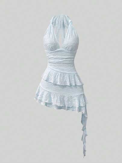 Sweetra Đầm ngắn lãng mạn bằng ren dệt kim, thắt nơ xoắn, xếp lớp, viền bèo nhún dành cho nữ, kiểu dáng ngọt ngào, mùa xuân/hè.