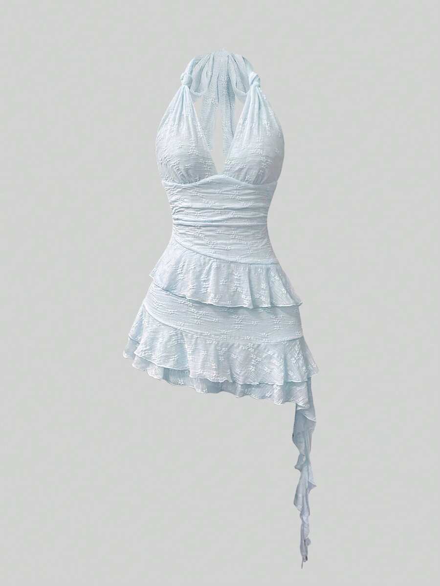 Sweetra Đầm ngắn lãng mạn bằng ren dệt kim, thắt nơ xoắn, xếp lớp, viền bèo nhún dành cho nữ, kiểu dáng ngọt ngào, mùa xuân/hè. - Màu xanh lam - Xem 1