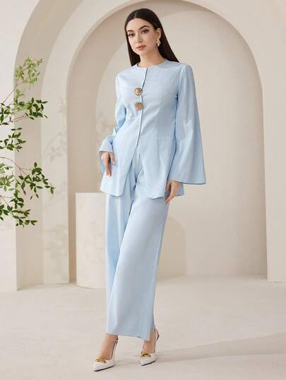 Veilorie Conjunto informal de 2 piezas con top de manga larga con cuello redondo y decoración metálica, y pantalones de pierna ancha de unicolor para mujer