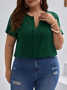 SHEIN Clasi 大码女式纯色V领短袖休闲衬衫 - 墨綠色 - 查看 6