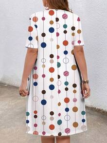 Mellowie Plus Size Round Neck Short Sleeve Polka Dot Print Loose Casual Dress - Multicolor - View 2