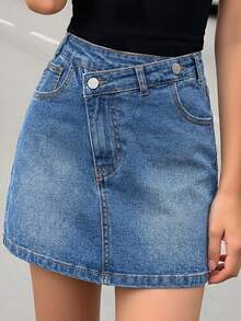 少女休闲牛仔裙，斜襟设计，浅蓝色水洗牛仔布 - 藍色 - 查看 4