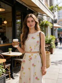 Balvessa Women Floral Print Sleeveless Cropped Shirt + Printed Mini Skirt 2-Piece Set - Beige - View 3