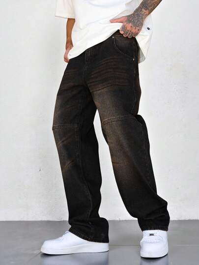 Manfinity EMRG Men's Retro Vintage Denim Jeans, Loose Fit Casual Pants Baggy Black Jeans Men