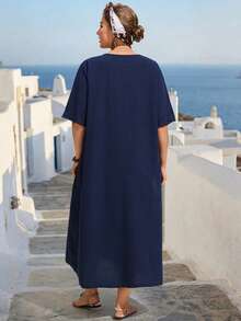 Linhara CURVE Đầm dài dáng rộng bằng cotton mài họa tiết hoa thêu dành cho nữ cỡ lớn, kiểu dáng thường ngày. - Màu xanh lam - Xem 2