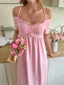 Snug Reverie Áo ngủ nữ tay ngắn dáng chữ A màu trơn dễ thương, viền ren, phối nơ. - Màu Hồng baby - Xem 4