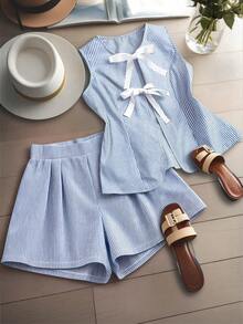 GlowEve CURVE Plus Size Loose Tie Striped Casual Vest & Shorts 2 Pieces Set - Royal Blue - View 1