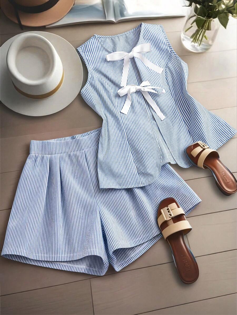 GlowEve CURVE Plus Size Loose Tie Striped Casual Vest & Shorts 2 Pieces Set - Royal Blue - View 1