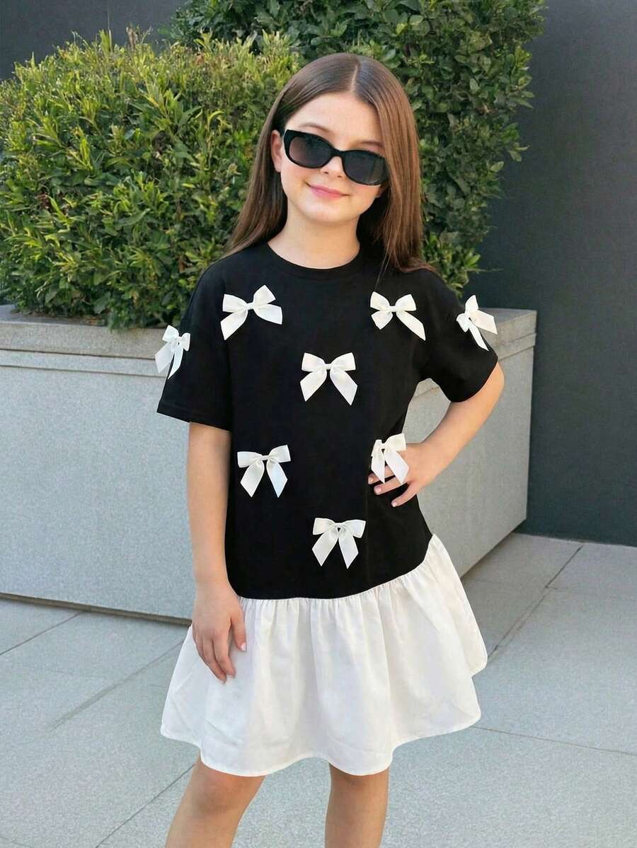 SHEIN 少女休闲黑白撞色超大蝴蝶结装饰宽松短袖中长连衣裙 - 黑與白 - 查看 1