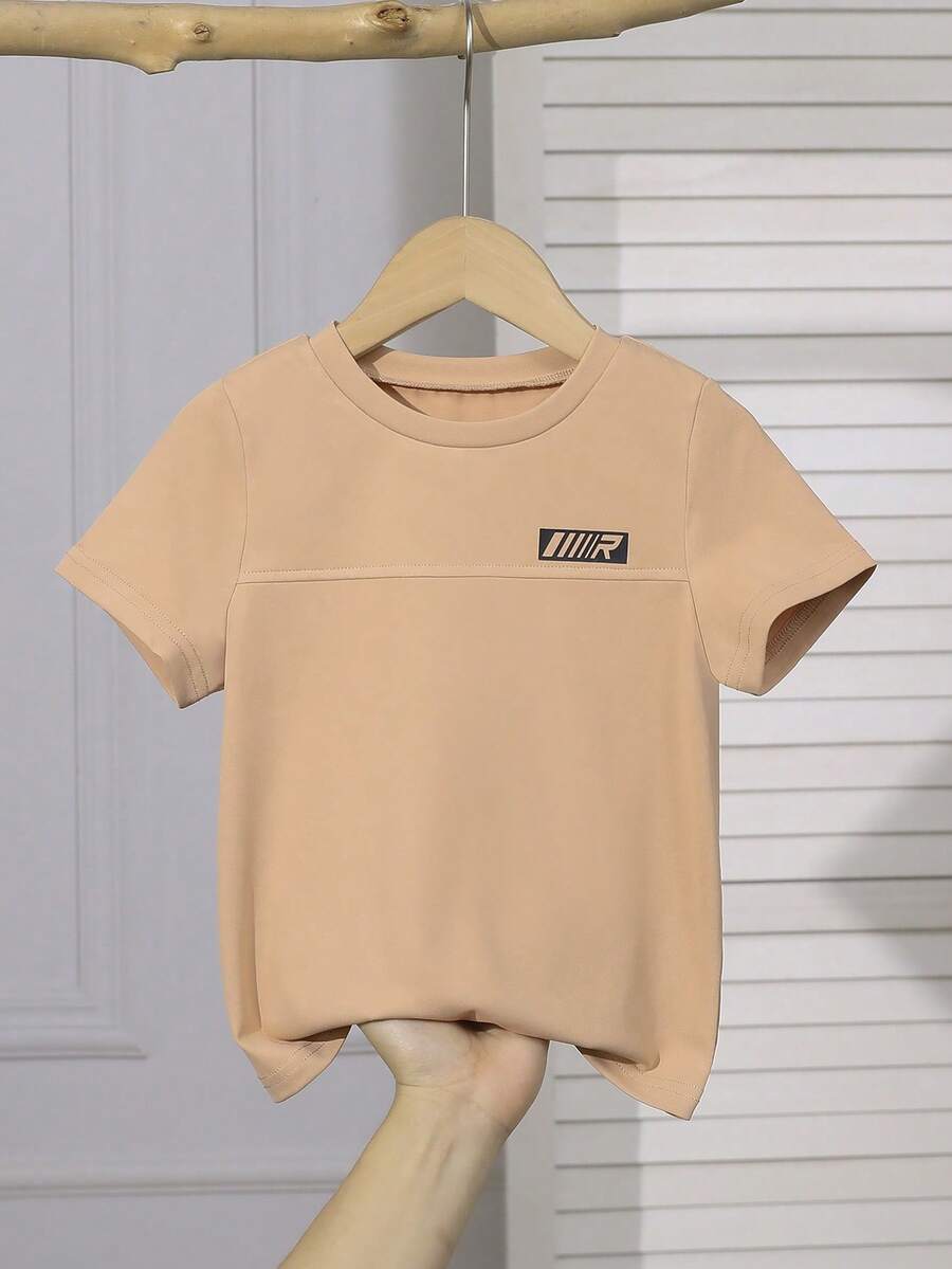 SHEIN 1件男童休闲卡其色T恤，时尚运动夏季上衣 - 卡其色 - 查看 1