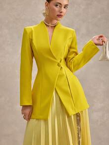CLARA VERO Women's Stand Collar Split Hem Cinched Waist Long Sleeve Blazer - Yellow - View 4