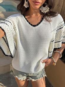 Loose Knit Beach Cover-Up, Casual Batwing Sleeve Hollow Out Cover Up Top - Apricot - View 6