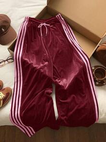 Comfortcana Plus Size Solid Color Velvet Comfortable Contrast Side Stripe Casual Pants, Suitable For Spring And Autumn - Burgundy - View 6