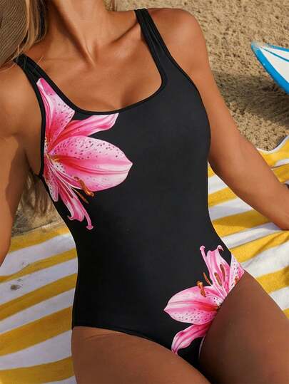 Swim Vcay 1 pieza Traje de baño de una sola pieza sin espalda para mujer, traje de baño de playa elegante y casual con estampado de moda