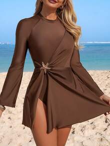 Swim Mulvari Women's Solid Color Metal Decor Long Sleeve Flare Sleeve Zipper Burkini, Suitable For Beach Vacation - Brown - View 7