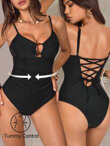Shapewave Women's Textured Fabric One Piece Swimsuit, Suitable For Beach, Party, Vacation - Black - View 1
