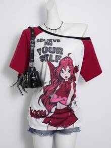 The Winx x SHEIN Áo thun nữ dáng rộng, thời trang thường ngày, họa tiết hoạt hình nàng tiên đường phố, in khẩu hiệu, phối màu tương phản, cổ lệch, thích hợp cho mùa hè. - trắng - Xem 6