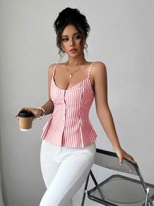Elenzga Women's Cotton Striped Buttoned Pleated Elastic Camisole, Bohemian Style For Spring/Summer Vacation - Red - View 3