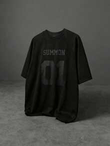 Áo thun tay ngắn cổ tròn dáng rộng SUMWON với chữ in lớn trên ngực, chất liệu cotton pha, kiểu dáng thường ngày, phong cách đường phố mùa hè. - màu đen - Xem 1