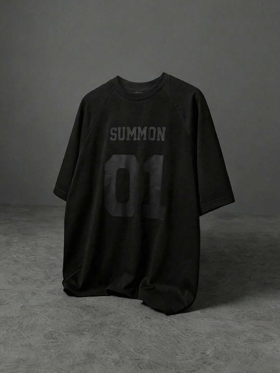 Áo thun tay ngắn cổ tròn dáng rộng SUMWON với chữ in lớn trên ngực, chất liệu cotton pha, kiểu dáng thường ngày, phong cách đường phố mùa hè. - màu đen - Xem 1