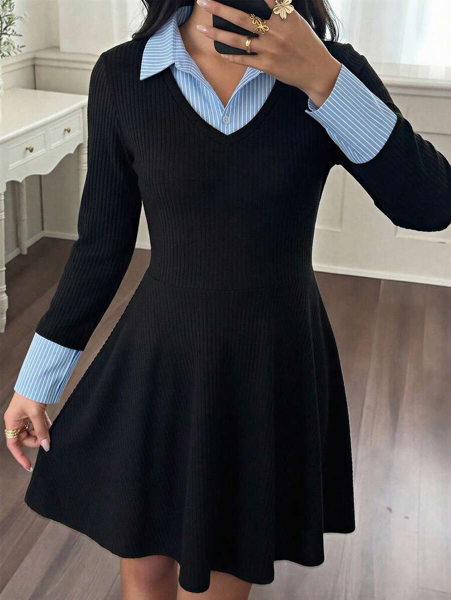 Reset Phase Girls Casual Minimalist Blue Ribbed Patchwork Wide Ribbed Collar Long Sleeve Dress - Multicolor - View 1