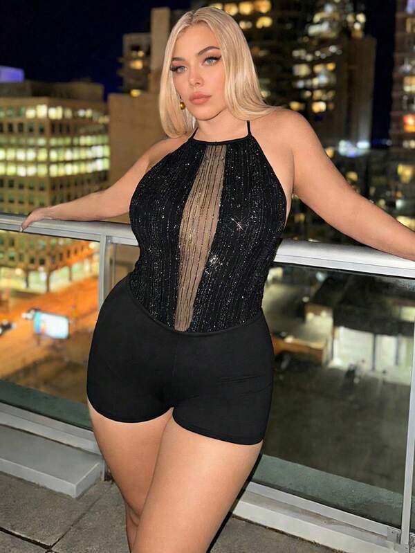 INAWLY Mono sin espalda con cuello halter y diseño hueco para mujer talla grande