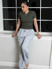 Melissa Matos Women's Summer Streetwear Going Out Casual Sport Basic Essentials French Grey Elastic Waistband Straight Baggy Pants Y2k - Grey - View 4