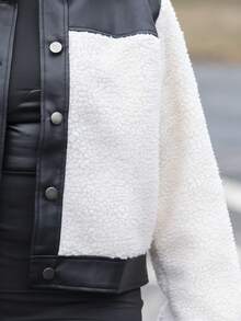 Melissa Matos 女式秋冬拼布羊羔绒休闲单排扣夹克 - 米色 - 查看 4