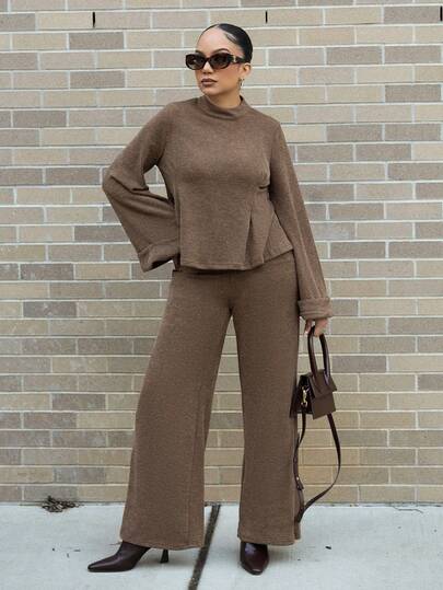 Melissa Matos 2025 秋冬新款休闲通勤优雅合身棕色罗纹宽松褶皱长袖收腰上衣 + 高腰阔腿裤女两件套，适合狂欢装、返校节、万圣节、圣诞节、商务休闲女装、教师装、外出、约会装、婚礼嘉宾装、生日装、早午餐装女士-A