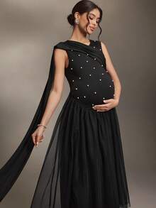 Cheriluna Maternity Đầm không tay màu trơn đính cườm và ruy băng dành cho bà bầu - màu đen - Xem 4