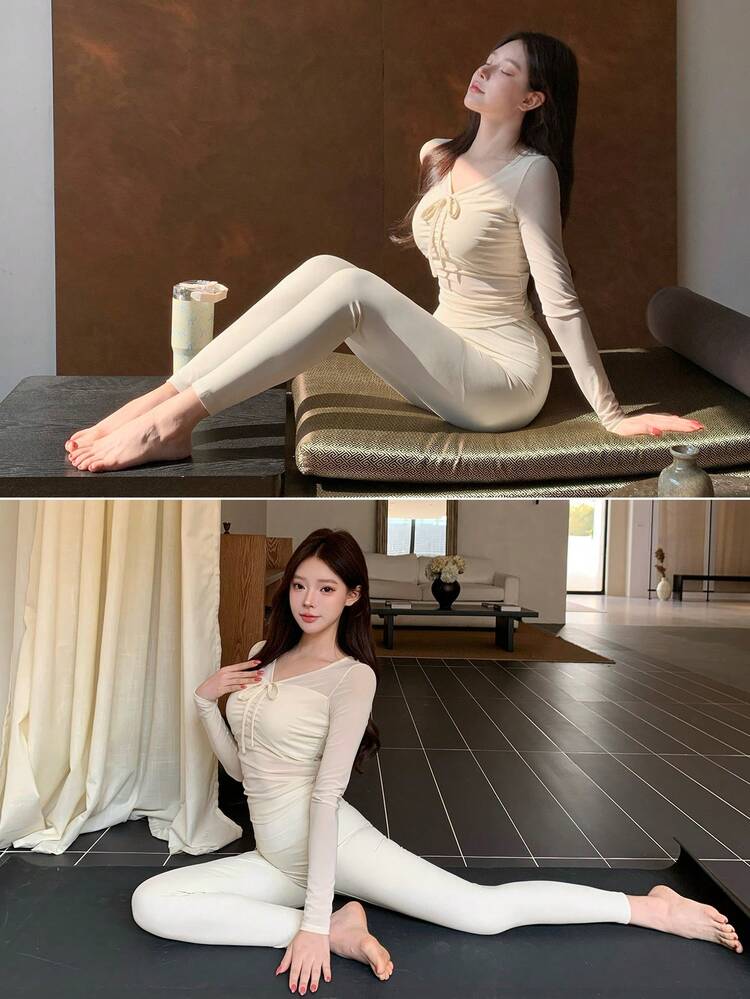 2pcs Women Autumn Solid Color Sheer Lace-Up Fitted Top And Skinny Pants Set