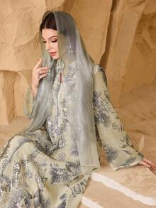 SHEIN Najma 优雅刺绣拼接宽松印花舒适女式连衣裙 - 杏色 - 查看 6