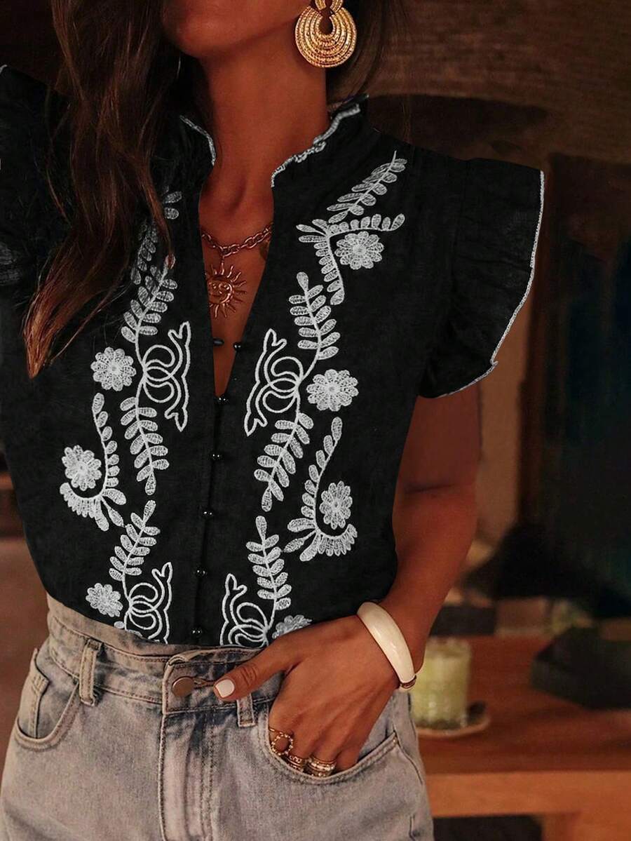 Serisse Áo sơ mi nữ dáng suông tay bồng, thêu họa tiết cây cỏ, thích hợp cho kỳ nghỉ. - màu đen - Xem 1