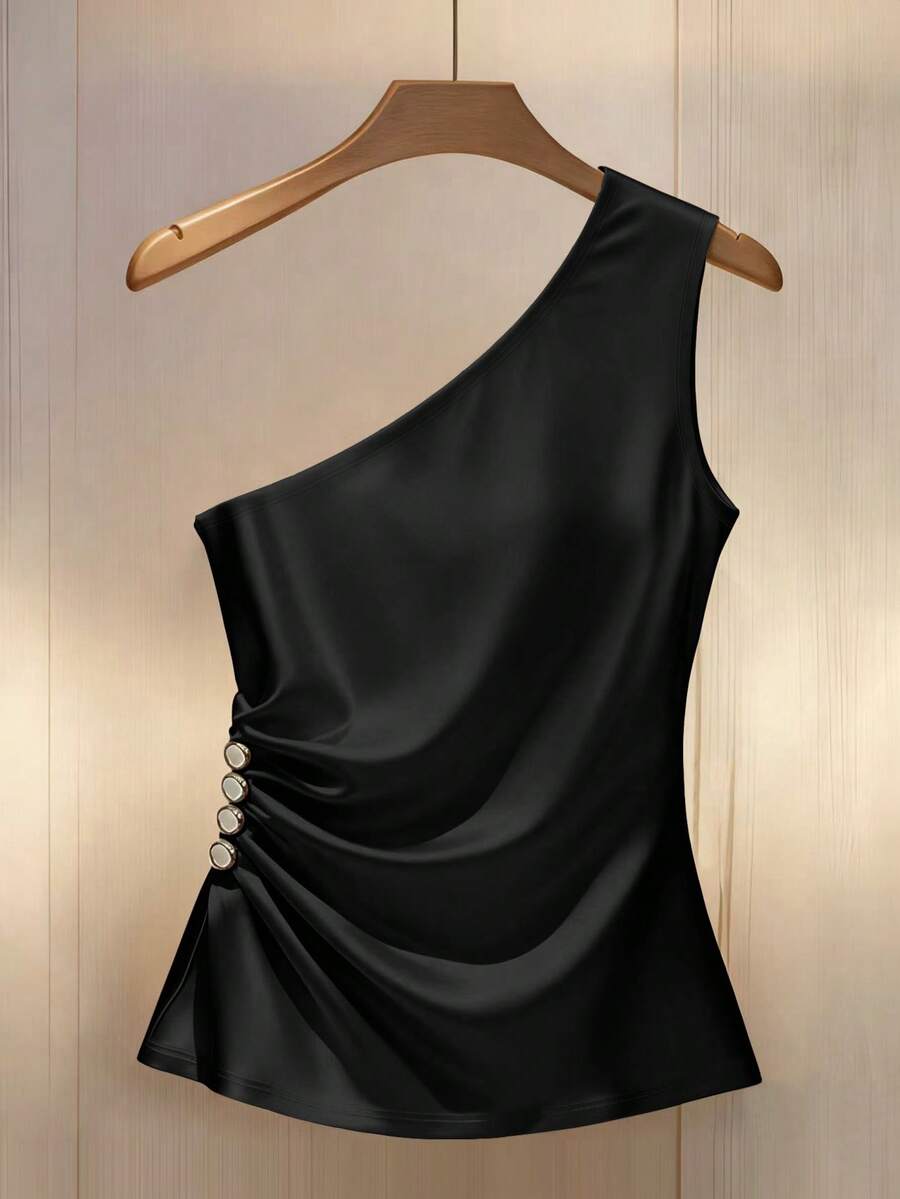 Franclia Elegant Fashion Oblique Collar Ruffle Trim Button Decor Women Top - Black - View 1