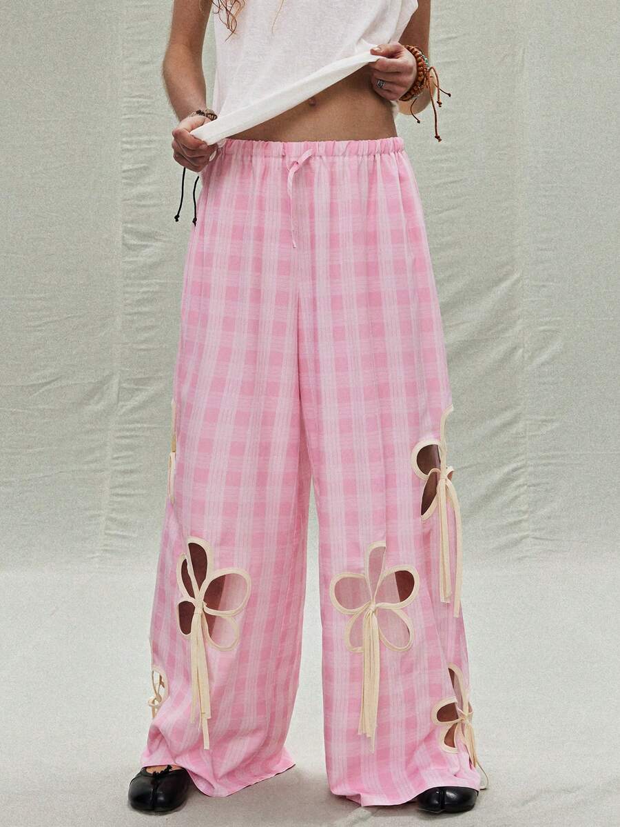 SoleilVie 低腰格子阔腿裤女装 – 新款花卉蝴蝶结装饰修身款 - 粉色 - 查看 1