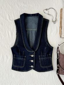 Elamini 女士单排扣口袋时尚百搭休闲牛仔夹克 - 深色水洗藍 - 查看 1