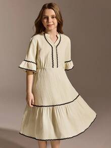 Tween Girls' Summer Casual Vacation Notch Neck Contrast Wave Tape Trim Ruffle Sleeve Waist Tie Dress - Apricot - View 3