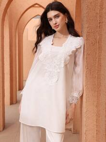 Graceveil Elegant Women's Lace Patchwork Long Sleeve Loose Casual Blouse, Versatile Design - White - View 5