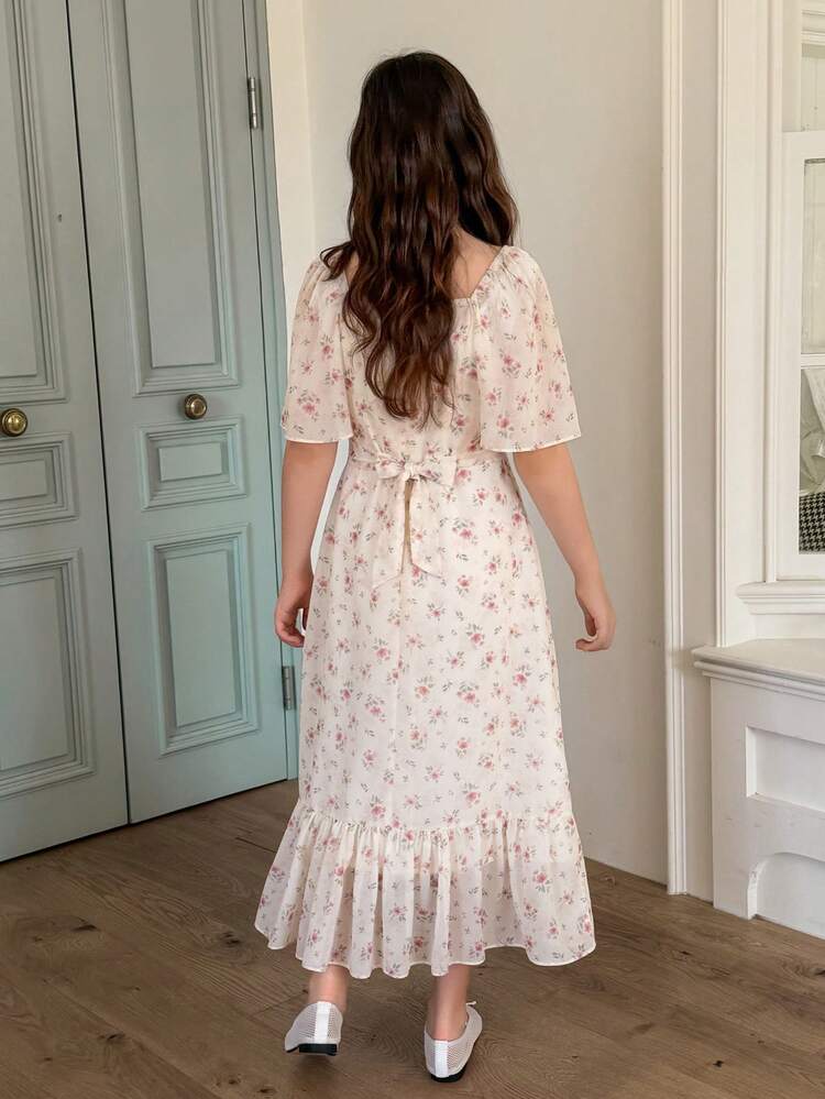 Tween Girl Ditsy Floral Square Neck Ruffle Sleeve Loose Casual Dress Summer Easter