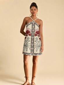 Travachic 休闲简约度假波西米亚风优雅浪漫复古椰树花卉印花沙滩连衣裙，露背系带迷你连衣裙，春夏舒适款 - 白色 - 查看 5