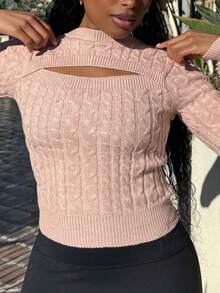 Tyla Gomez 女士休闲镂空长袖针织套头衫，秋冬，长袖上衣 - 藕粉色 - 查看 5