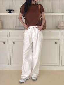 DAZY 女士独特设计圆领短袖宽松针织上衣 - 棕色 - 查看 9