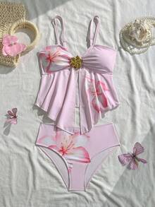 SHEIN 少女吊带比基尼，粉色底大碎花图案，沙滩泳装，春夏少女泳衣，蝴蝶结连体泳衣，均码夏季度假泳装 - 粉色 - 查看 1