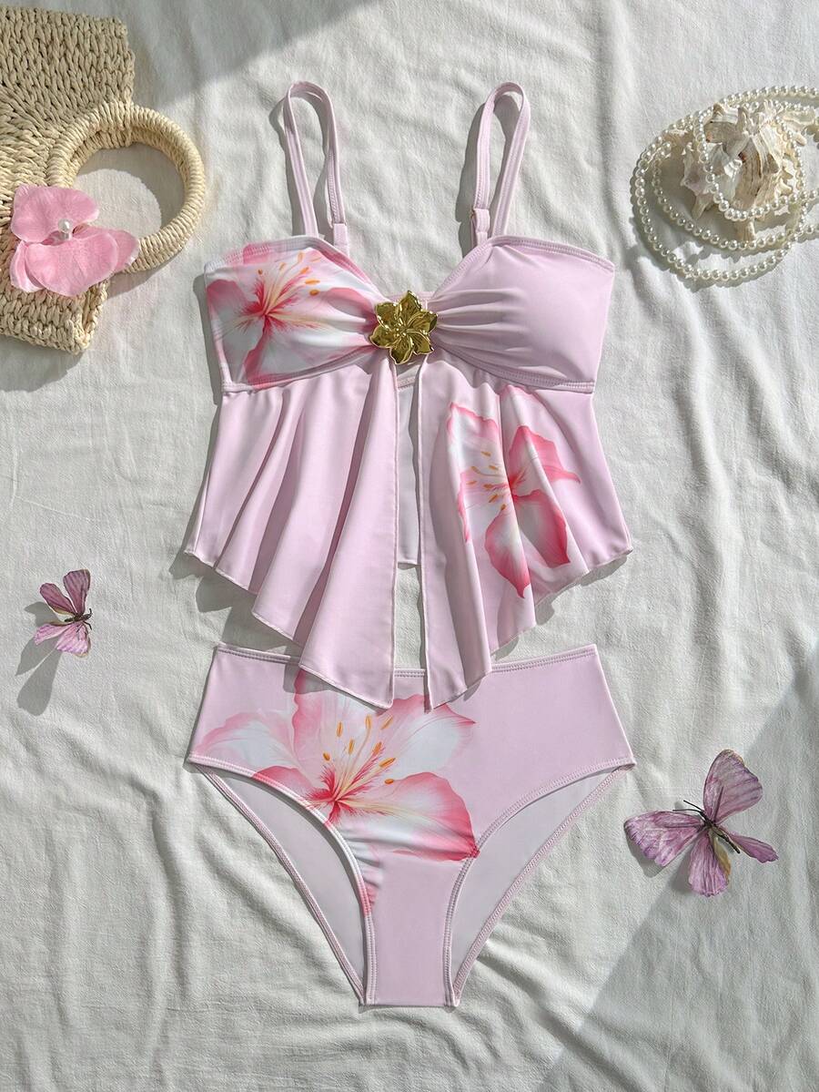 SHEIN 少女吊带比基尼，粉色底大碎花图案，沙滩泳装，春夏少女泳衣，蝴蝶结连体泳衣，均码夏季度假泳装 - 粉色 - 查看 1