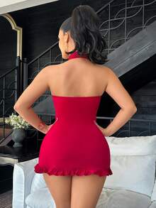 Fantasy Costume Fantasy Costume 2pcs Sexy Chinese Style Jacquard Dragon Pattern Halter Neck Slit Bodycon Dress Set For Women - Burgundy - View 7