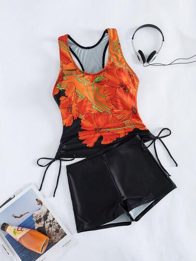 Swim SPRTY 2pcs/Set Printed Tankini Swimsuit With Boyshort Bottoms, Sporty Design For Women
