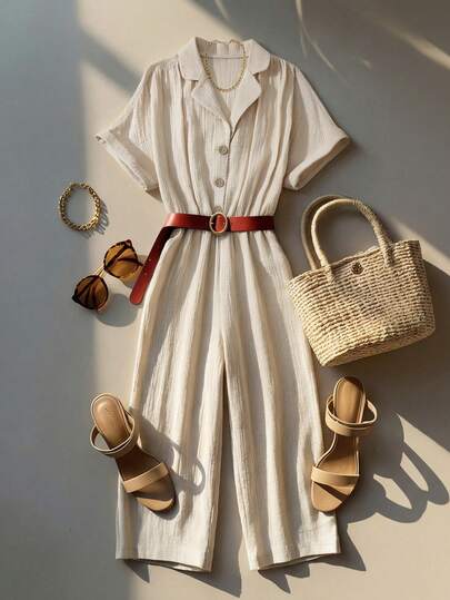 Franclia Soft Peach Textured Blazer Collar Jumpsuit, Short Sleeve Cinched Waist Wide Leg Cropped Pants, Versatile Commute & Date Outfit, Slimming Elegant Jumpsuit With Pleated Fabric, Refined Single-Breasted Blazer Collar Textured Wide Leg Jumpsuit