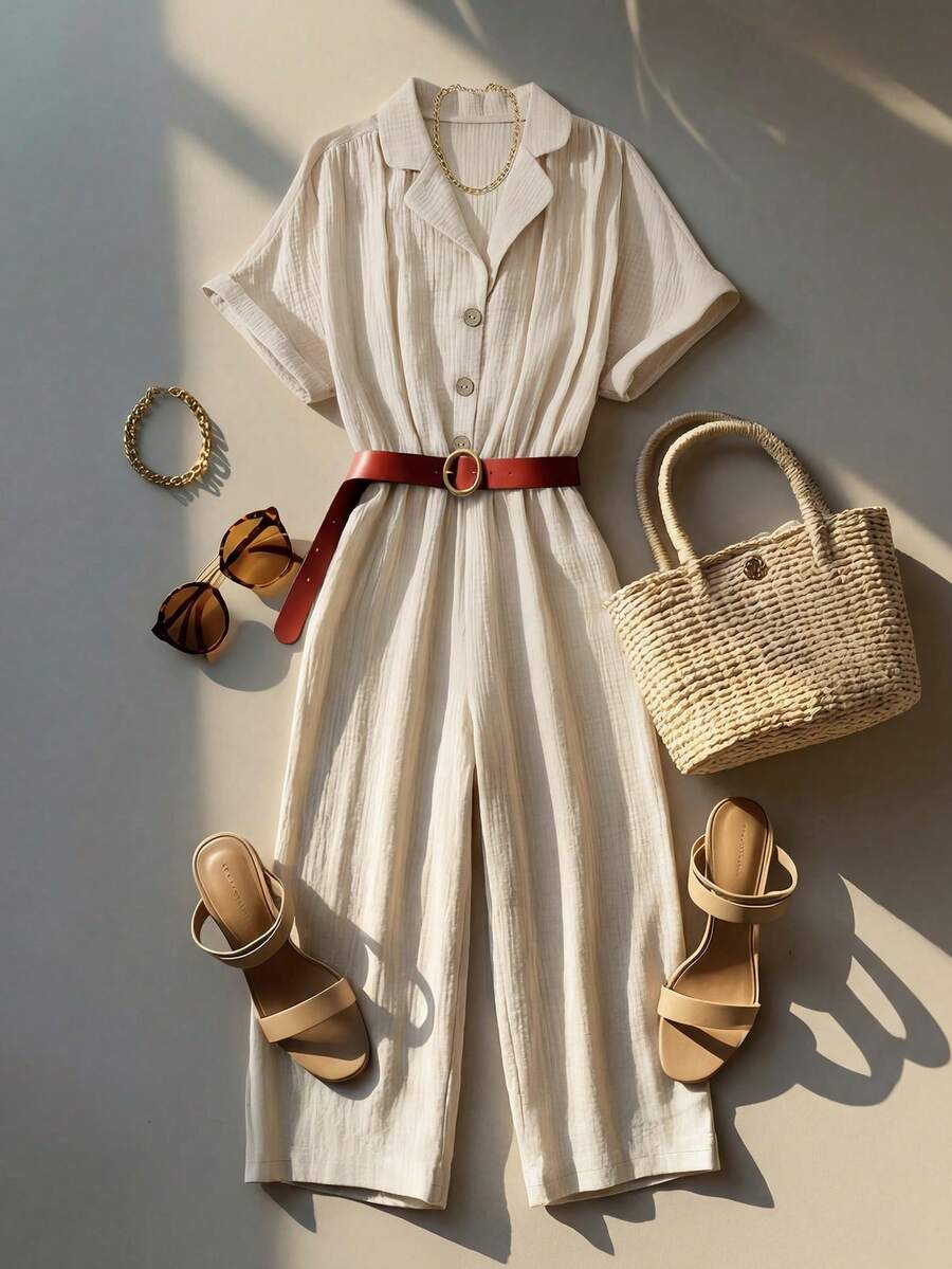 Franclia Soft Peach Textured Blazer Collar Jumpsuit, Short Sleeve Cinched Waist Wide Leg Cropped Pants, Versatile Commute & Date Outfit, Slimming Elegant Jumpsuit With Pleated Fabric, Refined Single-Breasted Blazer Collar Textured Wide Leg Jumpsuit - Apricot - View 1