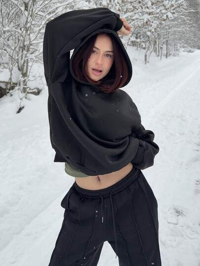 Abrilcols 女式休闲简约印花连帽长袖宽松厚款运动衫，春秋季