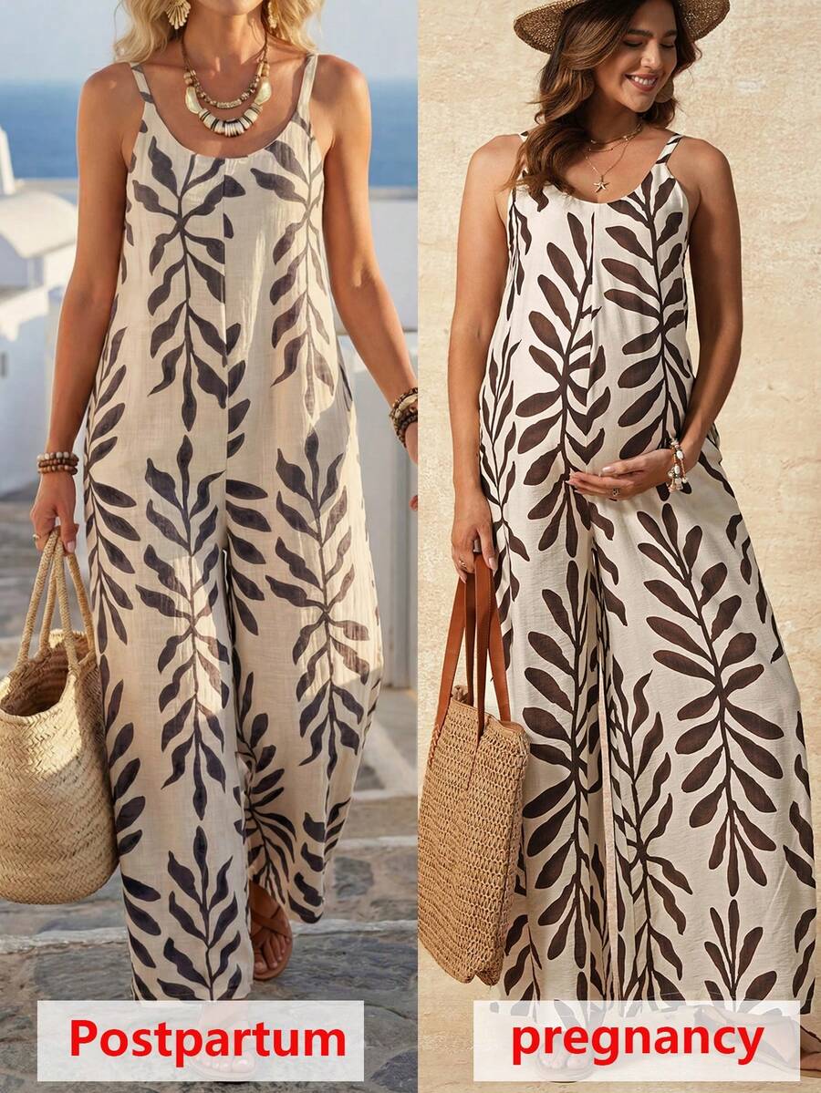 Boho Mama 孕妇度假休闲碎花连体裤 - 杏色 - 查看 1